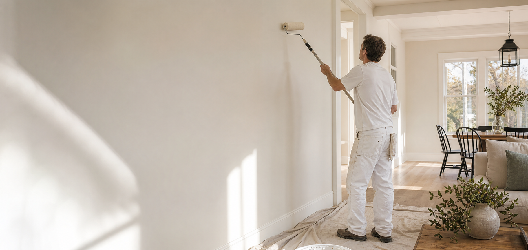 A professional painter applying paint inside a bright, welcoming home